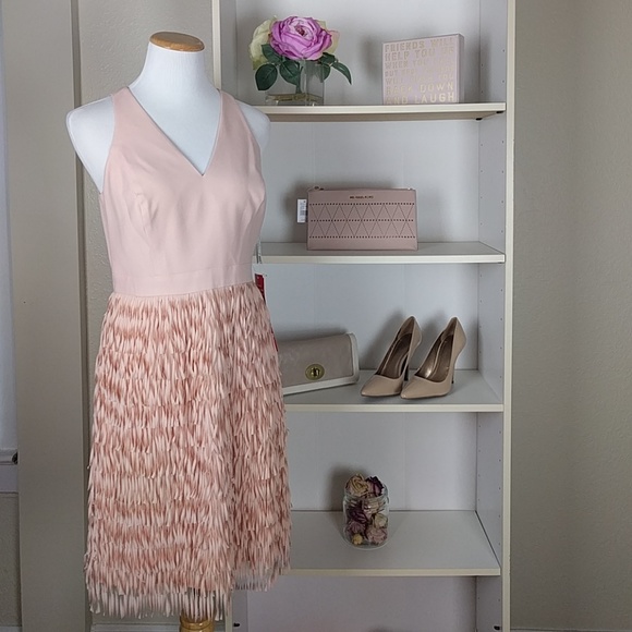 Aidan Mattox Dresses & Skirts - Aiden Mattox Pink Crepe and Fringe V- Neck Dress